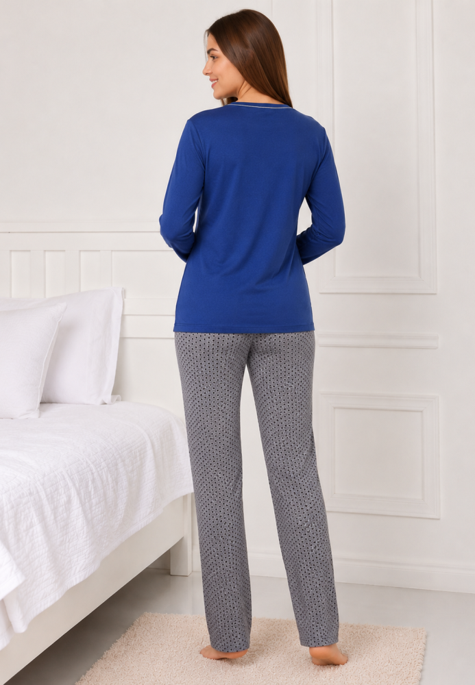 Pijama de damă cu bluză cu maneca lunga și pantaloni lung -Albastru,Engros